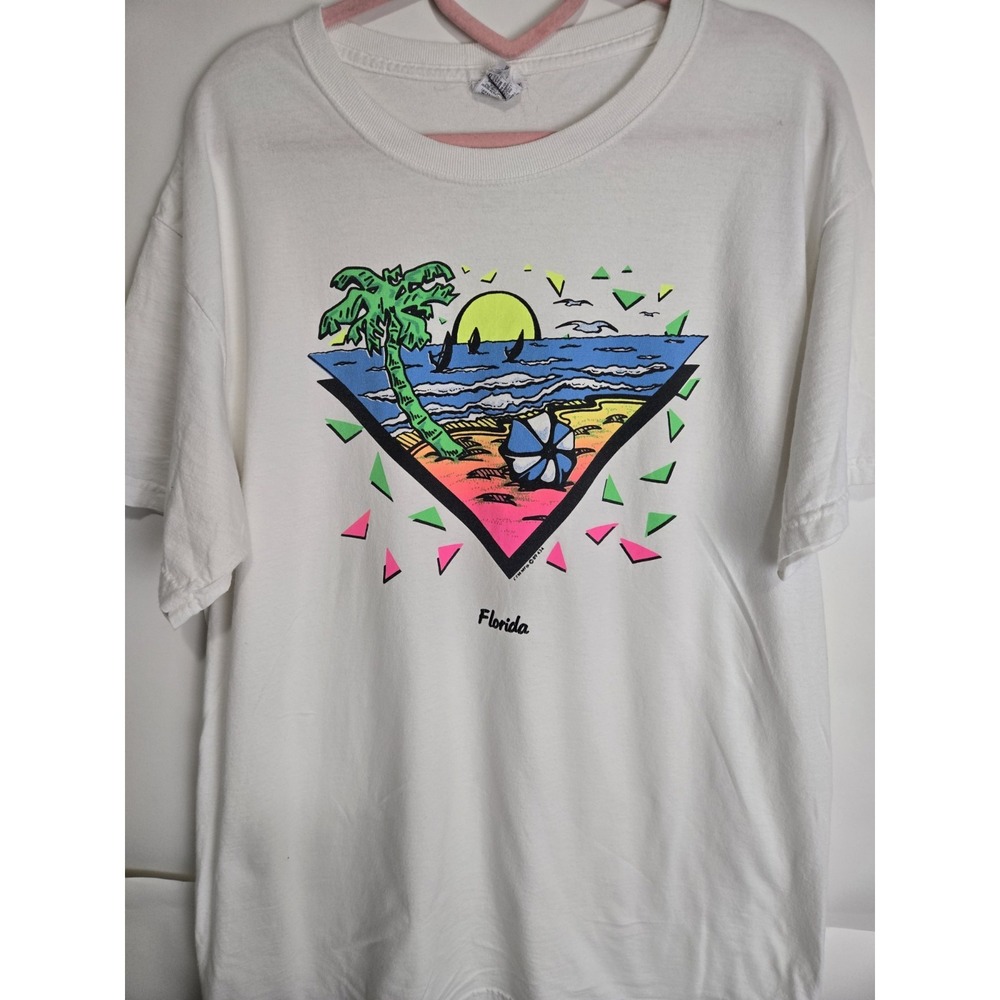 Vintage Y2k Florida Tourist Shirt Size Large Neon Surf‎ Palm Trees Wakeboard